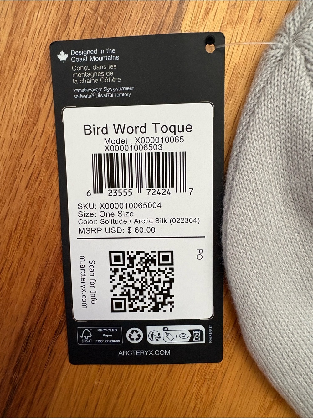 Arc'teryx Solitude/Arctic Silk Light Grey Bird Word Toque hat beanie - Picture 2 of 3